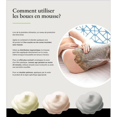Guide on using mousse clay treatment with ergonomic applicator for body toning and nourishment.