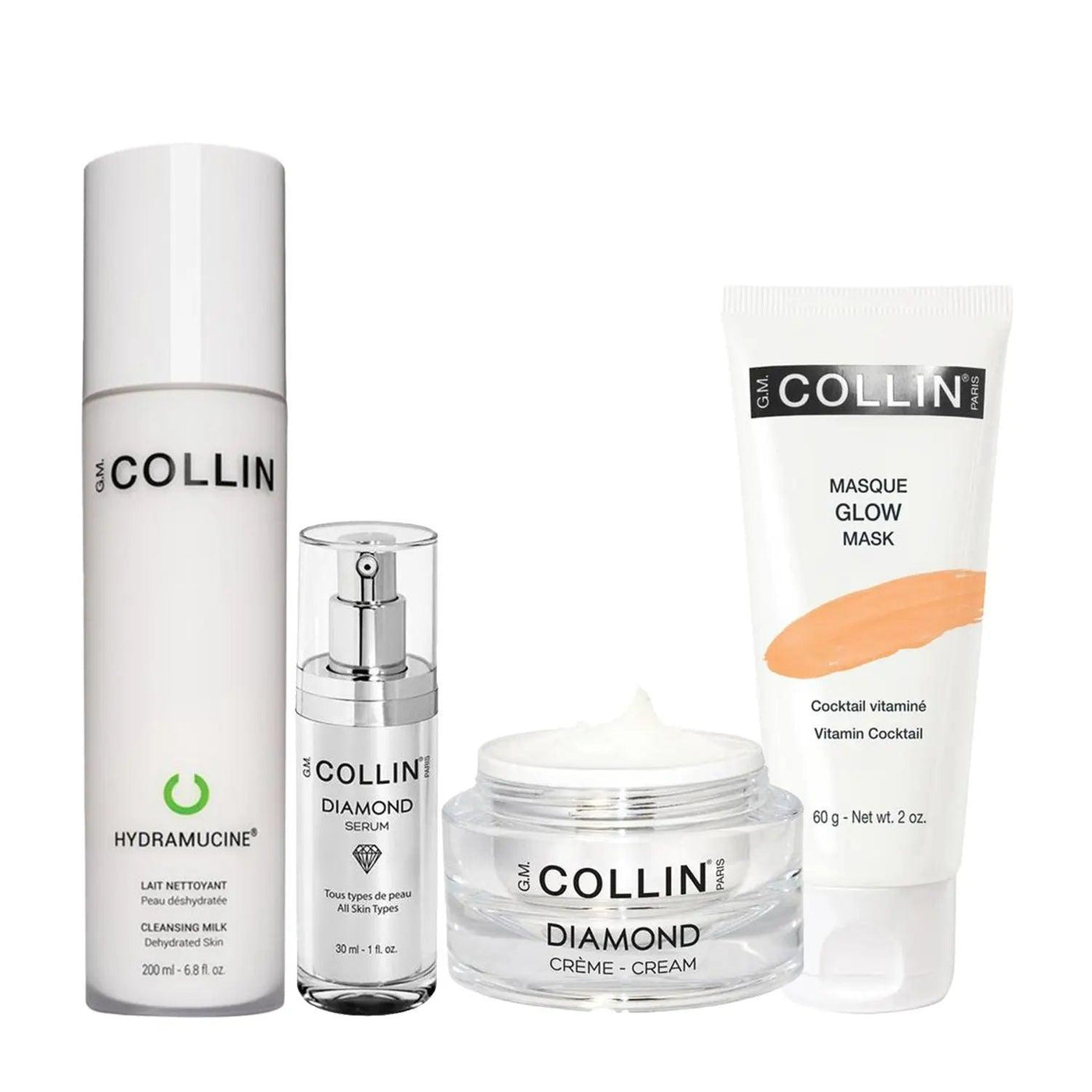 Brightening bundle for dry skin including Hydramucine Cleansing Milk, Diamond Serum, Diamond Cream, and Glow Mask.