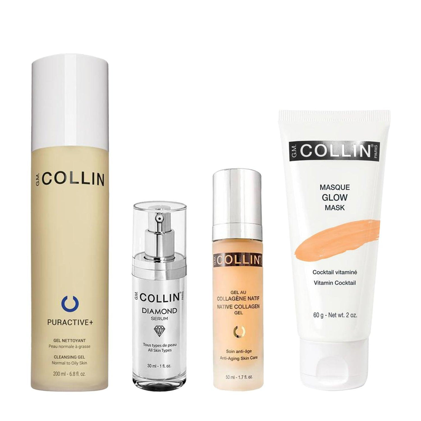 Brightening Bundle includes Puractive+ Cleanser, Diamond Serum, Native Collagen Gel, and Glow Mask for normal/combo skin.