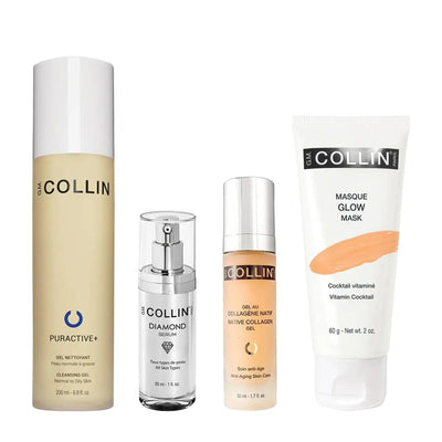 Brightening bundle for normal/combination skin including Puractive+ Cleansing Gel, Diamond Serum, Native Collagen Gel, and Glow Mask.