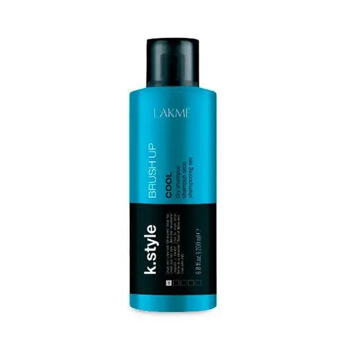 Lakme Brush Up Dry Shampoo in blue bottle, enhances texture and absorbs oil, featuring grape seed antioxidants and green tea fragrance.