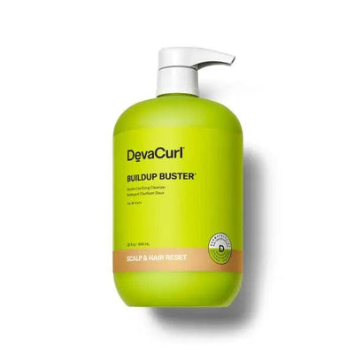 DevaCurl Buildup Buster Gentle Clarifying Cleanser with pump for scalp and hair reset in bright green bottle.