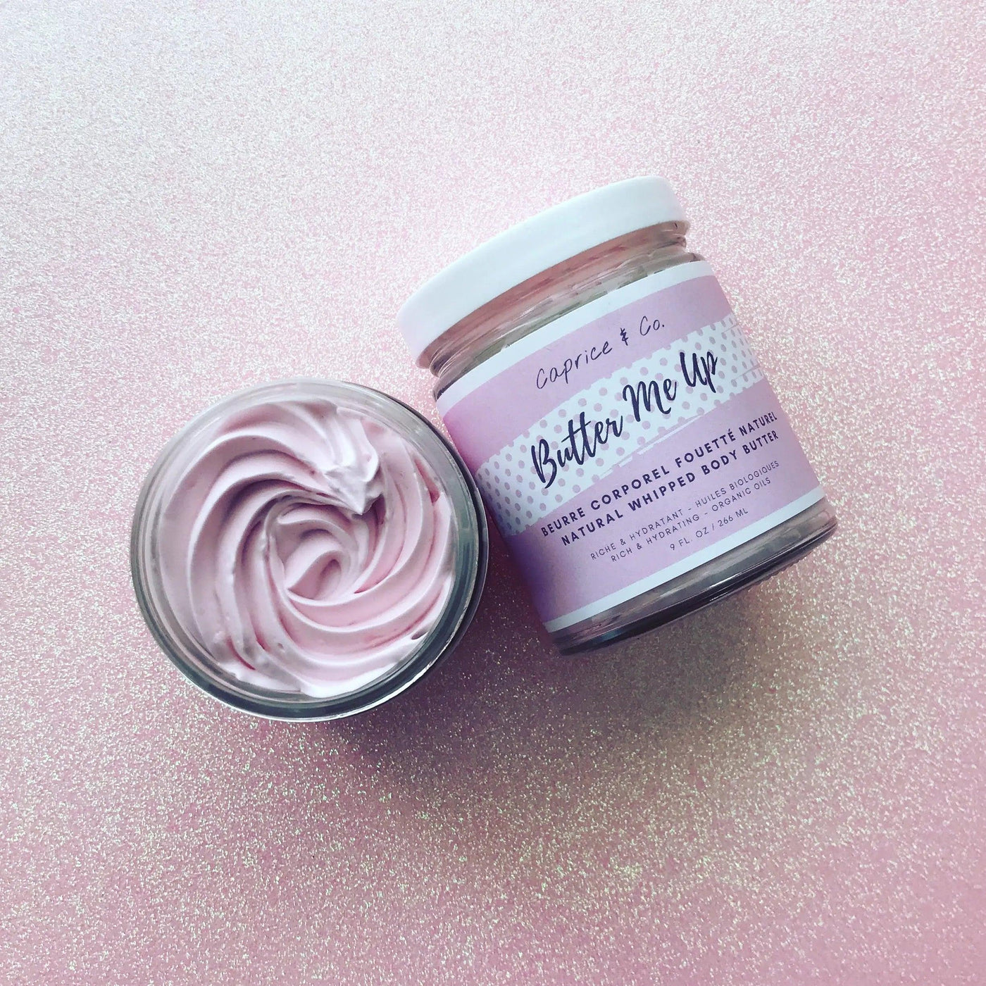 Natural whipped body butter "Butter Me Up" with organic ingredients in a jar, featuring Campino strawberry milkshake scent.