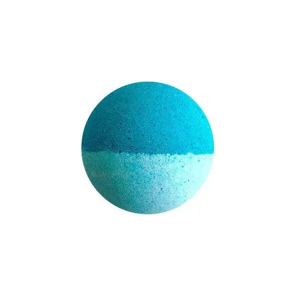 Calypso bath bomb in blue and teal colors, infused with aloe and cucumber for a soothing bath experience.