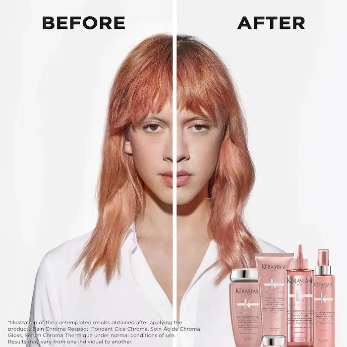 Before and after hair transformation with Kérastase Chroma Absolu products showing smoother, shinier hair results.