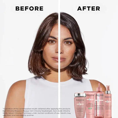Before and after image of woman using Kérastase Chroma hair products for shinier, healthier hair.