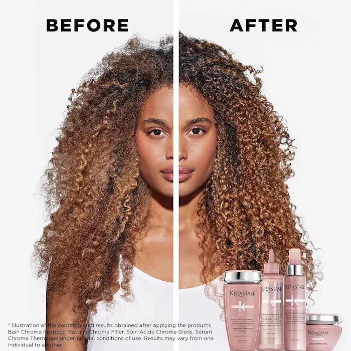 Before and after photo of hair transformation using Kerastase hair products, showing improved curl definition and smoothness.