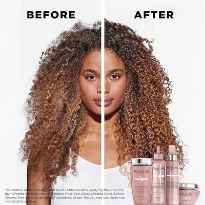 Before and after photo of hair transformation using Kerastase hair products, showing improved curl definition and smoothness.
