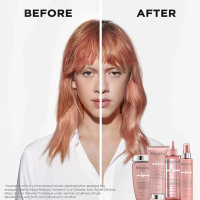 Before and after hair treatment results using Kérastase Chroma Absolu products for colored hair showcasing vibrant and healthy transformation.