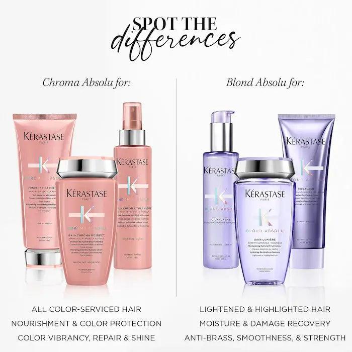 Kerastase hair care products for all color-serviced hair and lightened hair, including Chroma Absolu and Blond Absolu for nourishment, protection, and strength