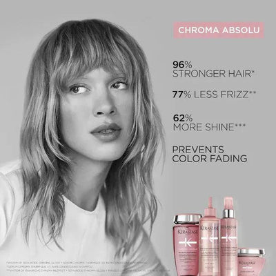 Kerastase Chroma Absolu products for stronger hair, less frizz, more shine, and color fading prevention with a woman's portrait in the background.