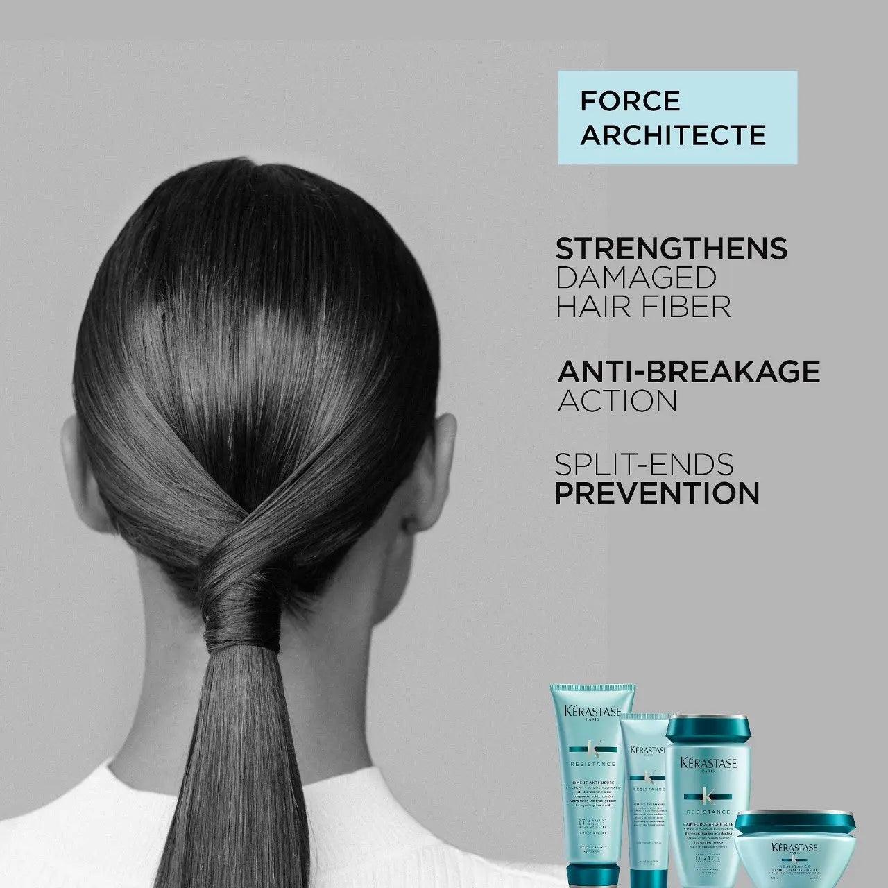 Hair care products for strengthening damaged hair, anti-breakage action, and split-ends prevention by Kerastase displayed beside smooth ponytail.