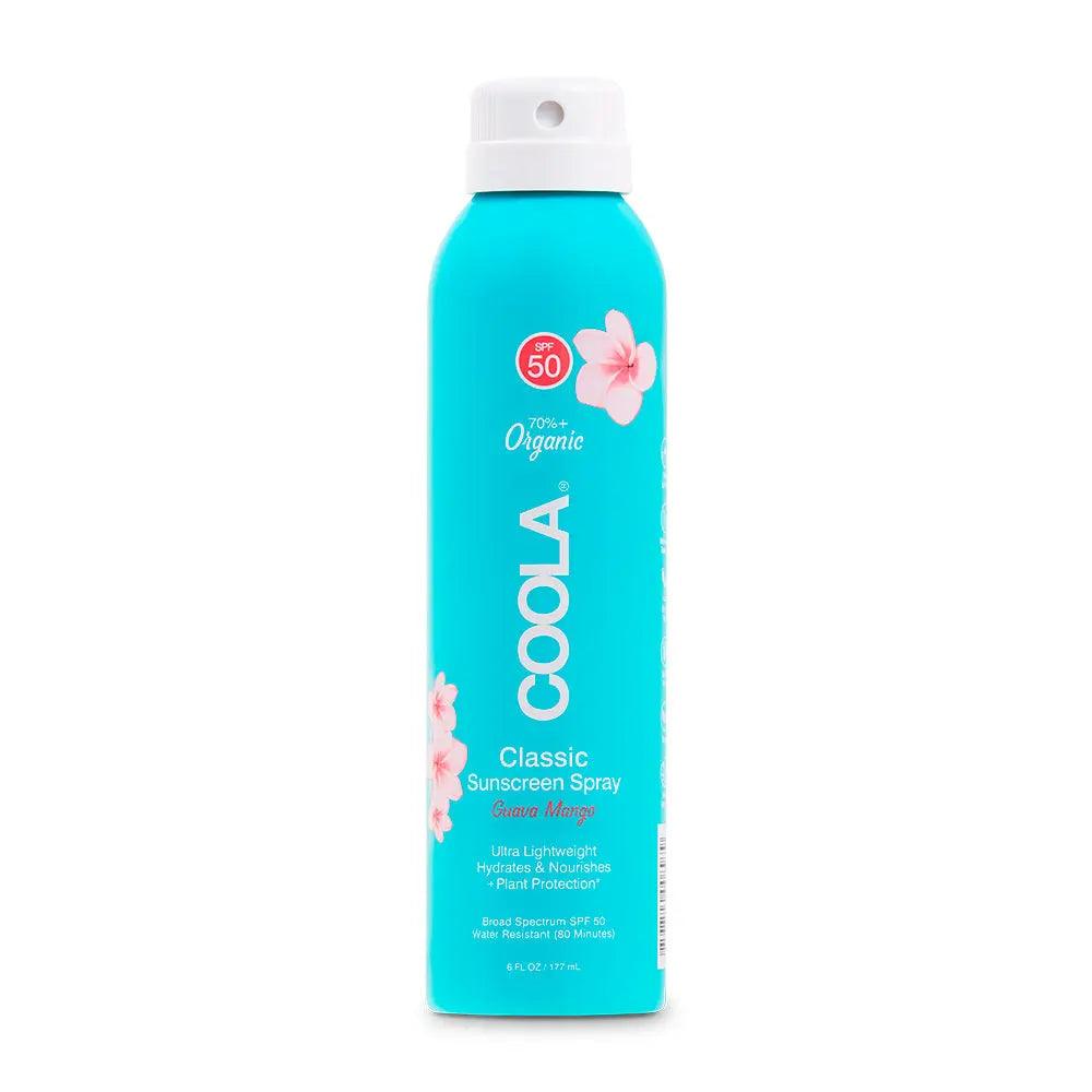Classic Body Organic Sunscreen Spray SPF 50 in Guava Mango scent, lightweight and water-resistant for sun protection.