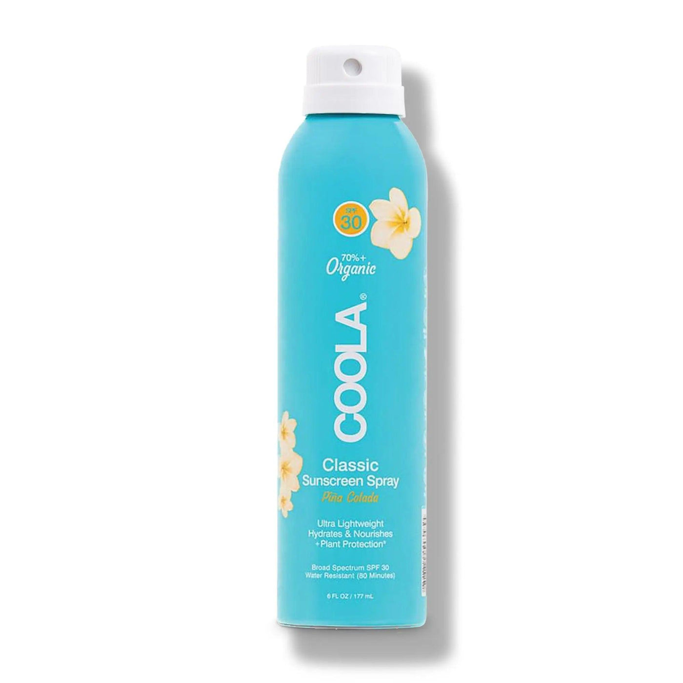 Classic Body SPF 30 Pina Colada Sunscreen Spray by COOLA in a light blue bottle with white floral design.