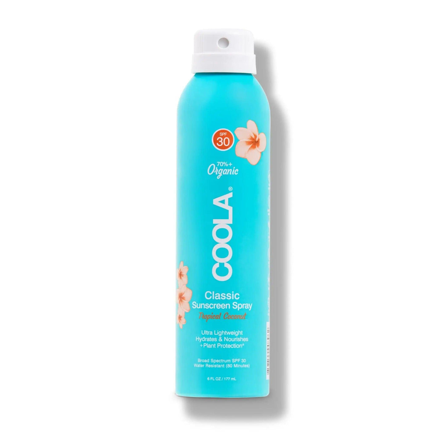 Classic Body SPF 30 Tropical Coconut Sunscreen Spray in a blue bottle with floral accents for easy application and sun protection.