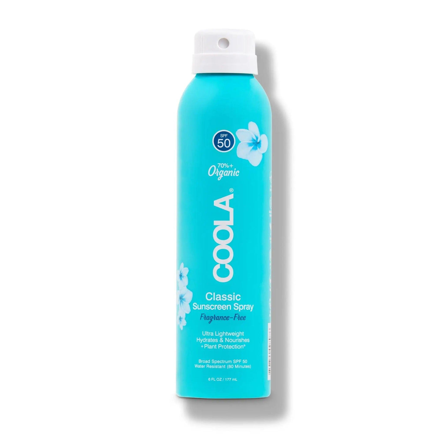 Classic Body SPF 50 fragrance-free sunscreen spray, lightweight and water-resistant, with organic Plant Protection complex.
