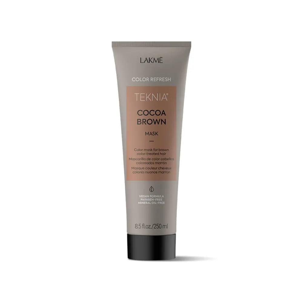 Cocoa Brown Mask by Lakme, 250ml, vegan formula for hair repair, shine, and color protection with tropical fragrance.