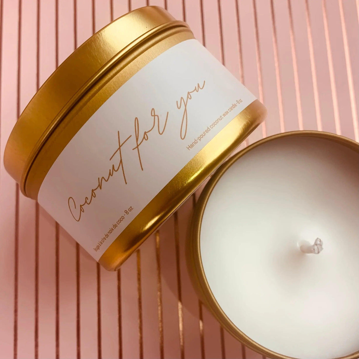 Coconut For You candle in a reusable gold tin, featuring a phthalate-free fragrance and a lead-free cotton wick.