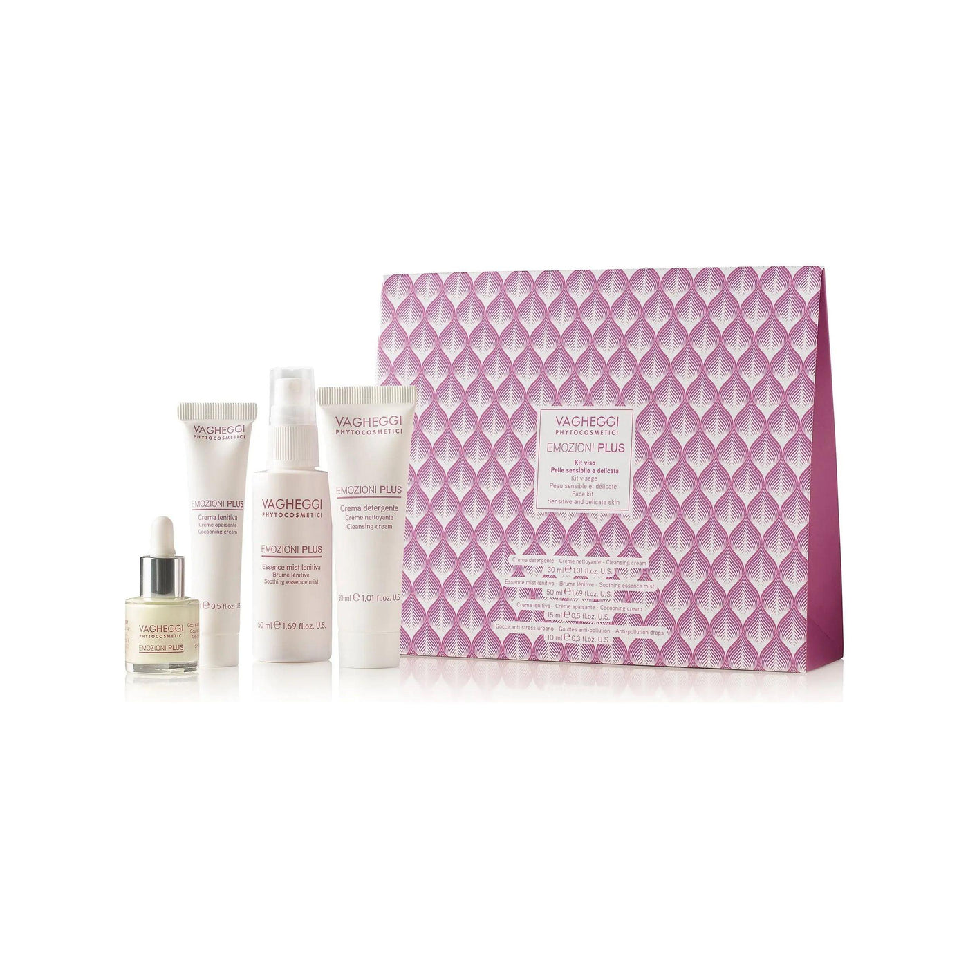Coffret Découverte Emozioni Plus with skincare products for sensitive, reactive skin in elegant packaging.