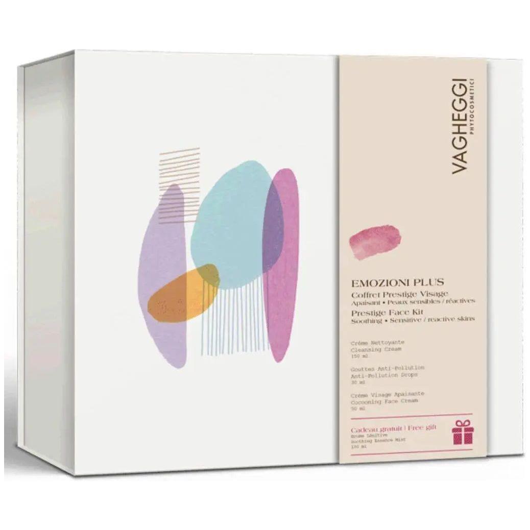 Coffret Emozioni Plus by Vagheggi, skincare set for sensitive/reactive skin with cleaning cream, drops, and face cream.