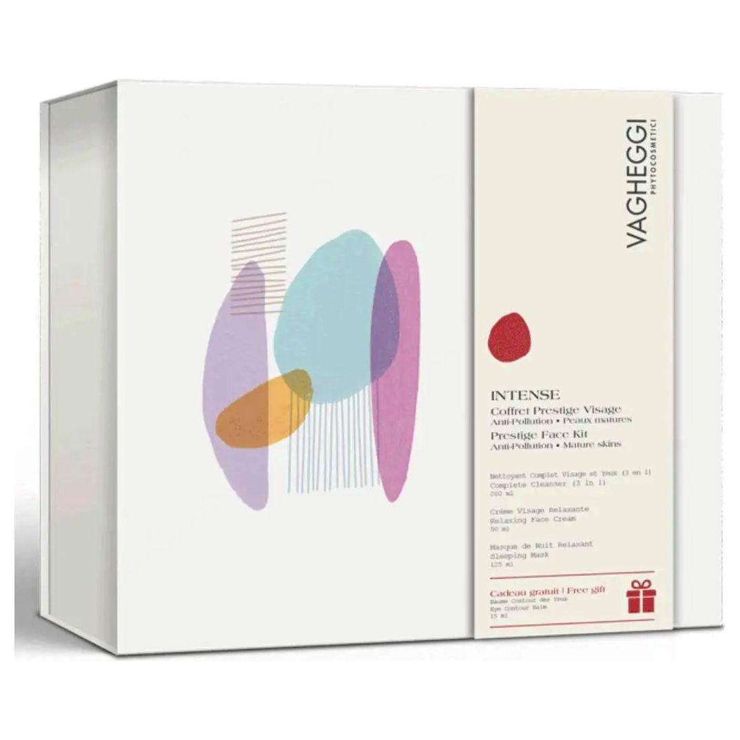 Coffret Intense anti-pollution skincare kit by Vagheggi, featuring face cleaner, cream, night mask, and eye contour gift.