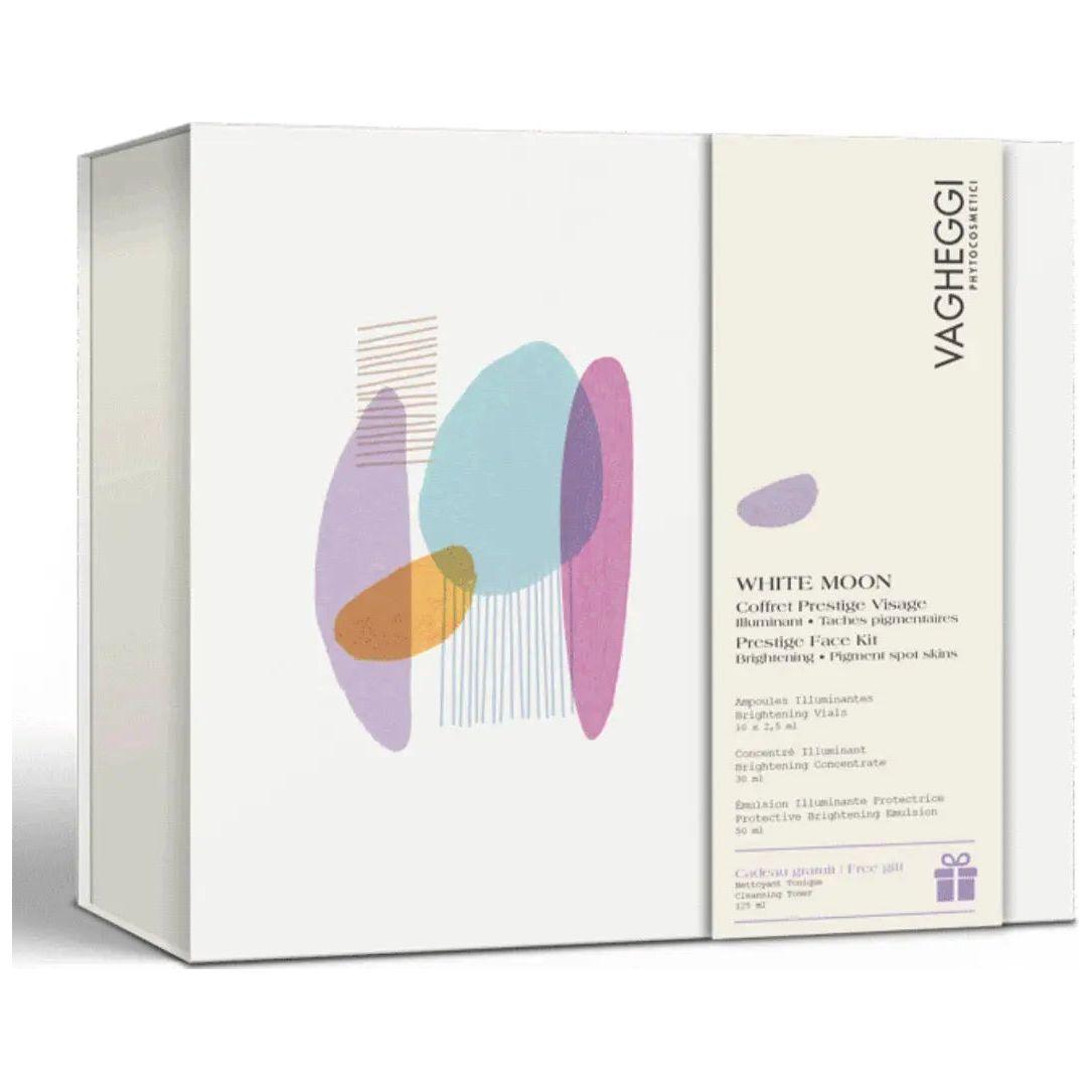 White Moon Coffret by Vagheggi, illuminating skincare kit with concentrated emulsion, protective cream, and tonic cleaner.