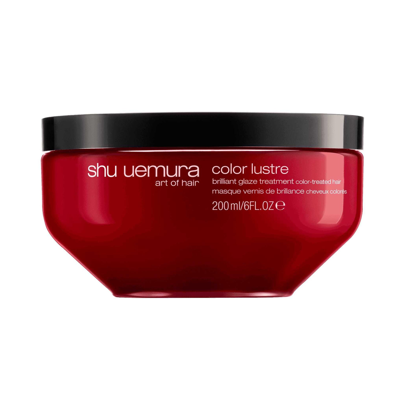 Shu Uemura Color Lustre Treatment for color-treated hair in 200ml jar, enhances shine and protects against fading.