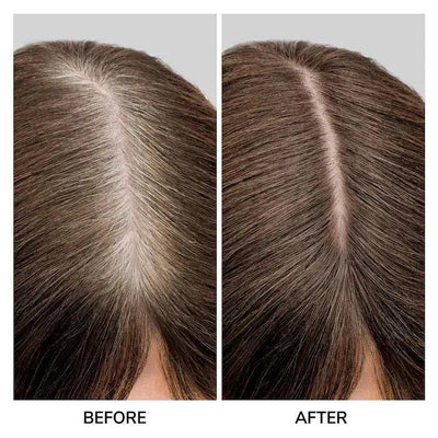 Before and after comparison showing Color Wow Root Coverup Powder's effectiveness in concealing gray roots.