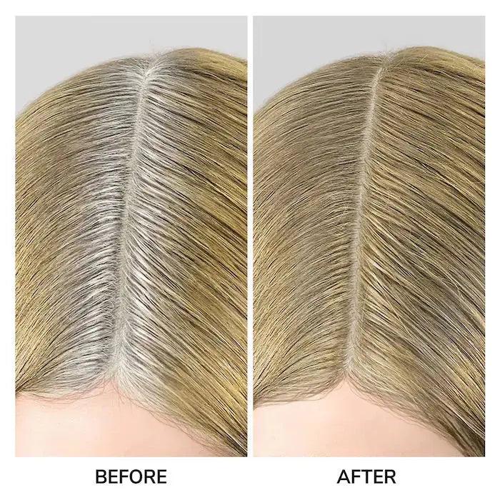 Before and after images showing gray roots covered by Color Wow Root Coverup Powder for seamless hair enhancement.