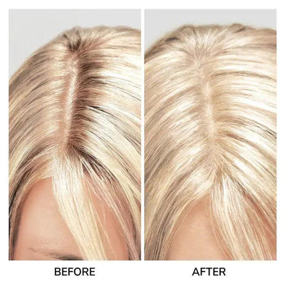 Before and after results showing Color Wow Root Coverup Powder effect on hair, seamlessly covering grays and dark roots.