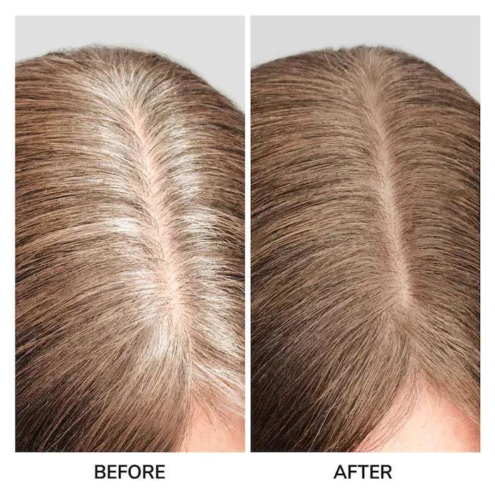 Before and after comparison showing Color Wow Root Coverup Powder effectiveness in covering gray hair.