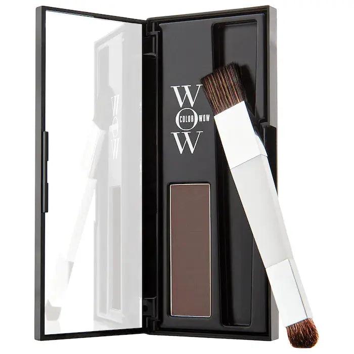 Color Wow Root Coverup Powder in a compact with brush for easy, mess-free application and gray coverage.