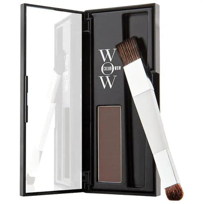 Color Wow Root Coverup Powder in a compact with brush for easy, mess-free application and gray coverage.