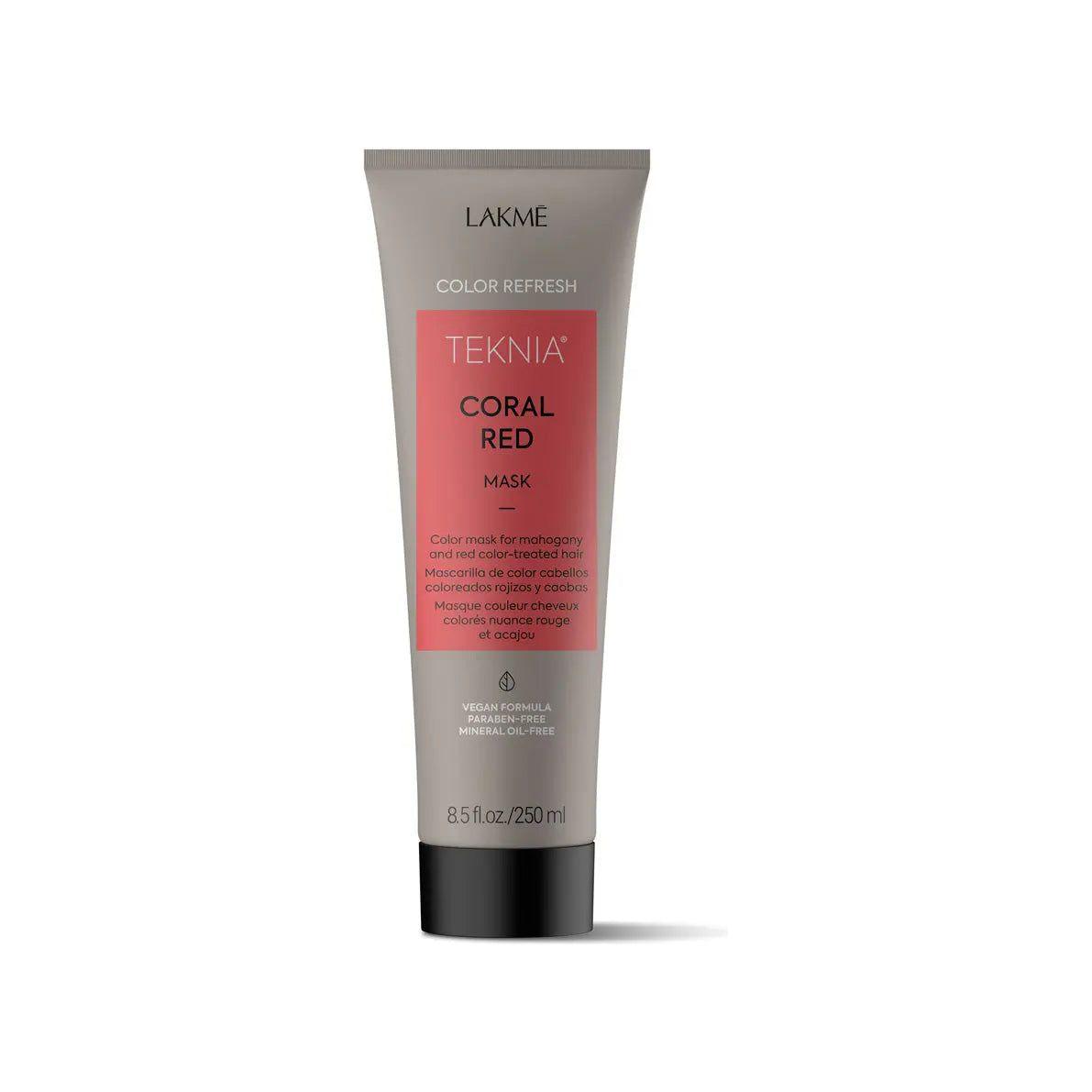 Coral Red hair mask by Lakme for hair repair, color intensity, and shine with organic red algae and lemon fragrance.