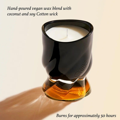 Hand-poured vegan wax Cote d'Azur scented candle in stylish black and amber glass, burns for 50 hours.