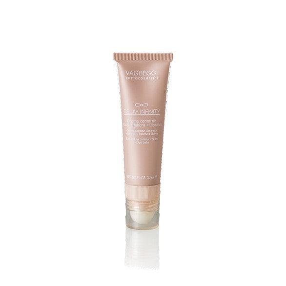 Delay Infinity Eye and Lip Contour Cream in a 30ml tube, enriched with nourishing oils and hyaluronic acid for smoother skin.