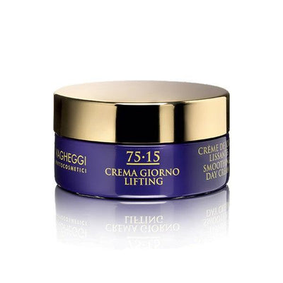 75-15 Smoothing Day Cream in a blue jar with golden lid, enriching skin with moisturization and radiance.