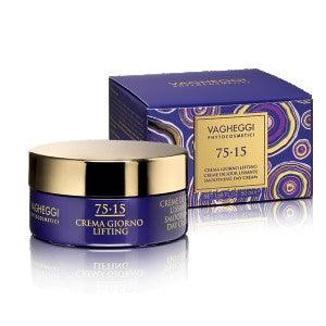 75-15 Smoothing Day Cream jar and box packaging, featuring vibrant purple design and anti-aging benefits.