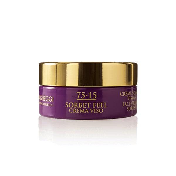 75·15 Sorbet Feel Face Cream in a purple jar with gold lid, designed for oily or mixed skin to reduce signs of aging.