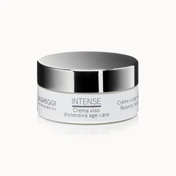 Intense Relaxing Face Cream jar with silver lid, super moisturizing 24h formula for stressed urban skin.