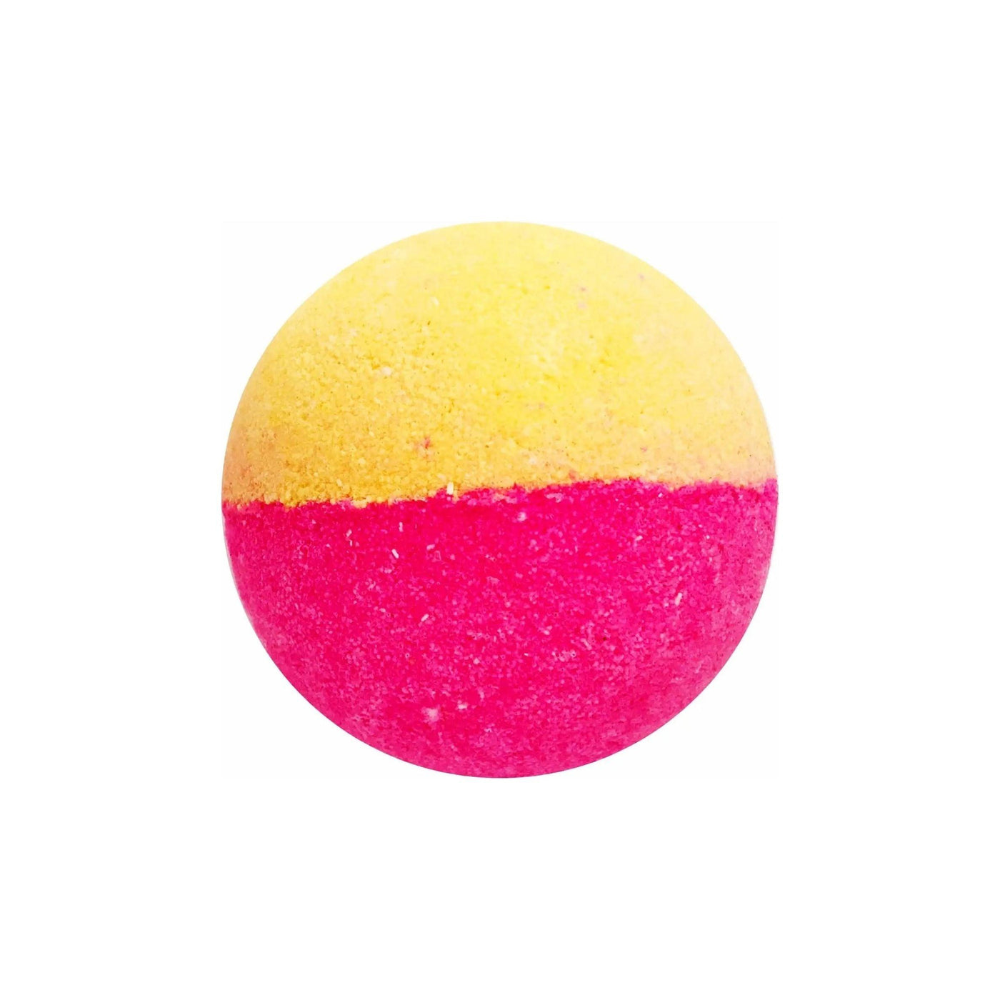 Vibrant yellow and pink Crush bath bomb, infused with melon and cucumber for a refreshing bathing experience.