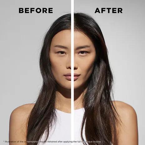 Before and after comparison showing notable hair improvement using Kérastase products.