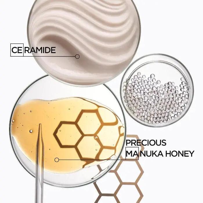 Close-up of Curl Manifesto cream with ceramide and manuka honey, highlighting nourishing ingredients for curly hair.