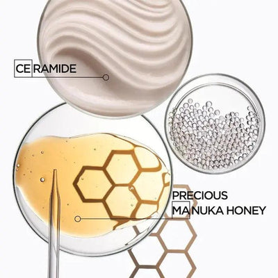 Close-up of Curl Manifesto cream with ceramide and manuka honey, highlighting nourishing ingredients for curly hair.