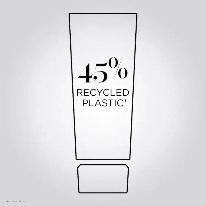 Graphic showing 45% recycled plastic usage in packaging, highlighting sustainability initiative.