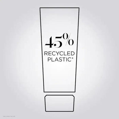Graphic showing 45% recycled plastic usage in packaging, highlighting sustainability initiative.