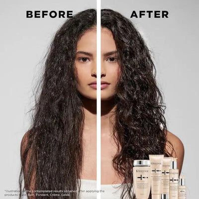 Before and after showing transformation of curly hair using Kérastase products, highlighting enhanced texture and definition.