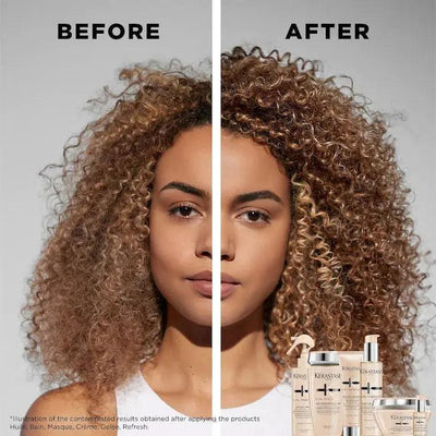 Before and after image showing curly hair transformation using Curl Manifesto hair products for enhanced definition and hydration.