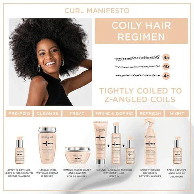 Woman with coily hair smiling, showcasing Curl Manifesto coily hair regimen products and steps for healthy curls.