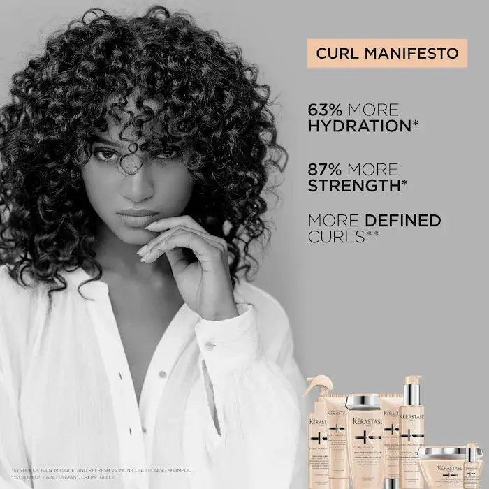 Kérastase Curl Manifesto product benefits highlighting hydration, strength, and defined curls with a model showcasing curly hair.